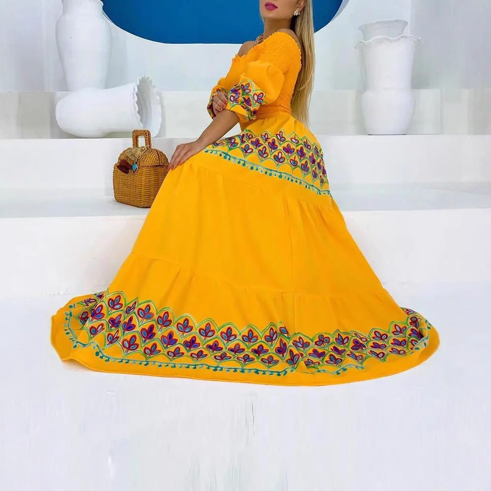 Paloma | Off Shoulder Smocked Embroidered Boho Dress with Tiered Skirt