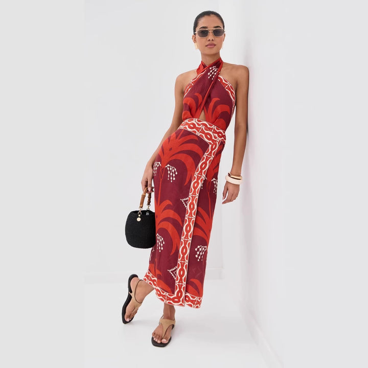 Kaimana | Tropical Print Cut Out Crossover Halter Boho Dress