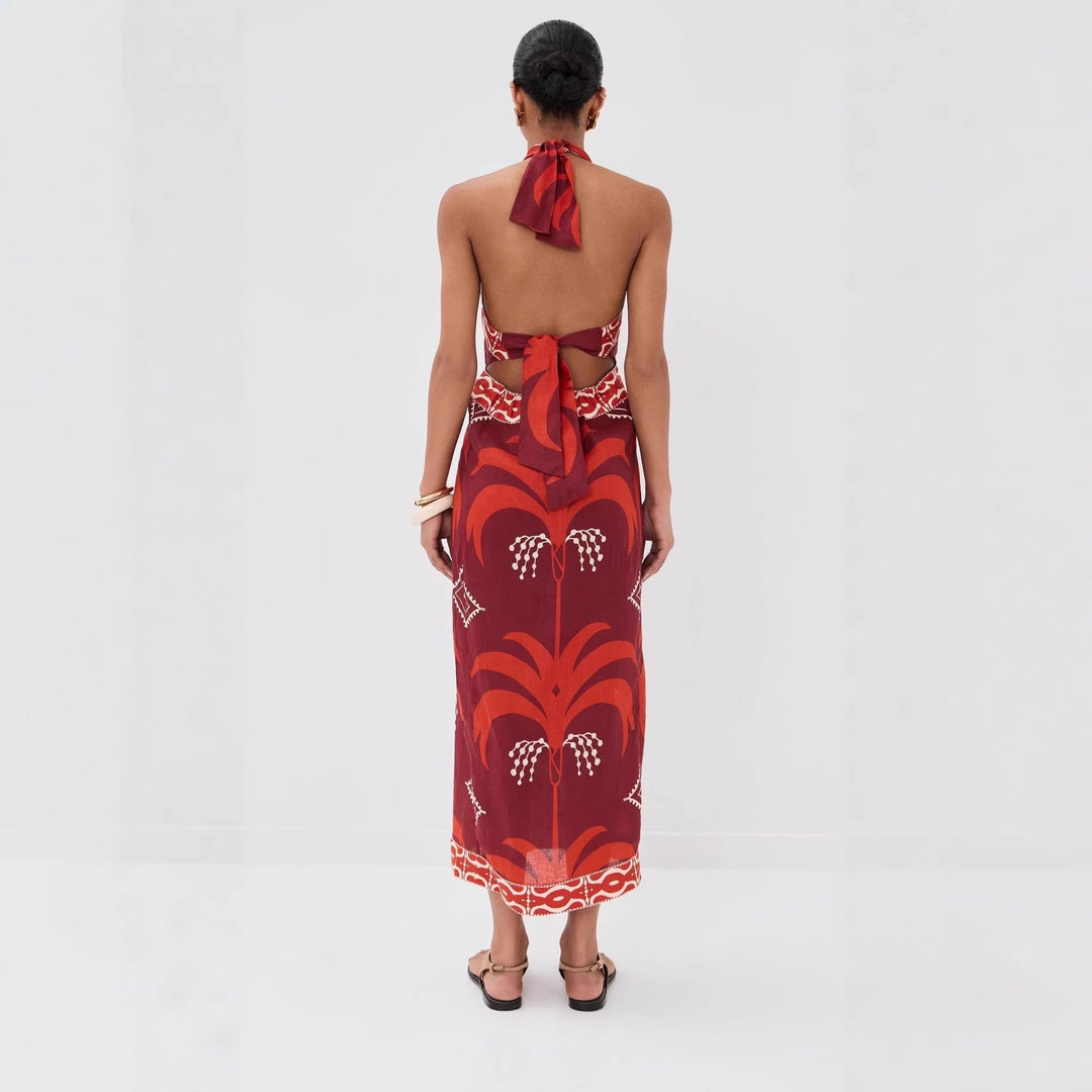Kaimana | Tropical Print Cut Out Crossover Halter Boho Dress