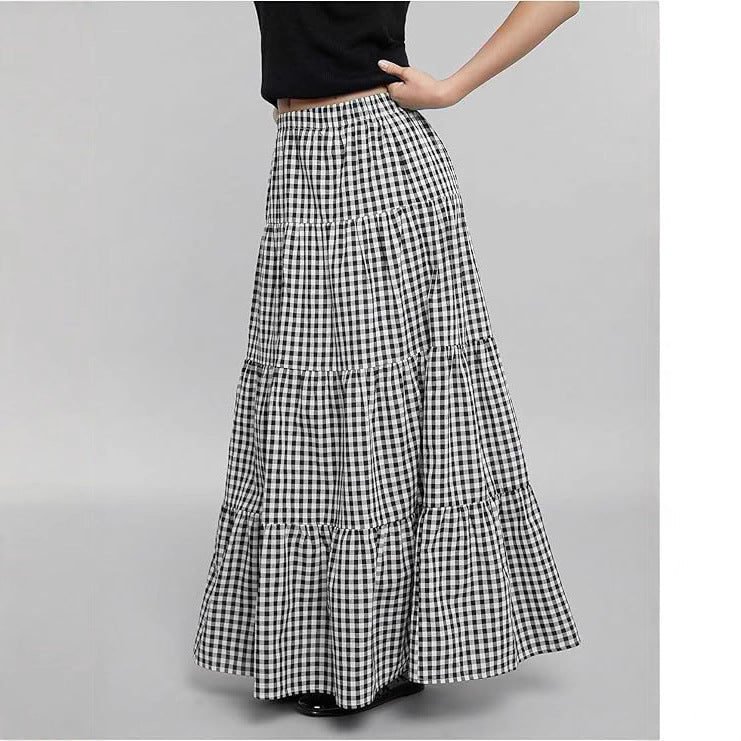 Beatrix | Women's Maxi Skirt – Checkered Print Elastic Waist Design