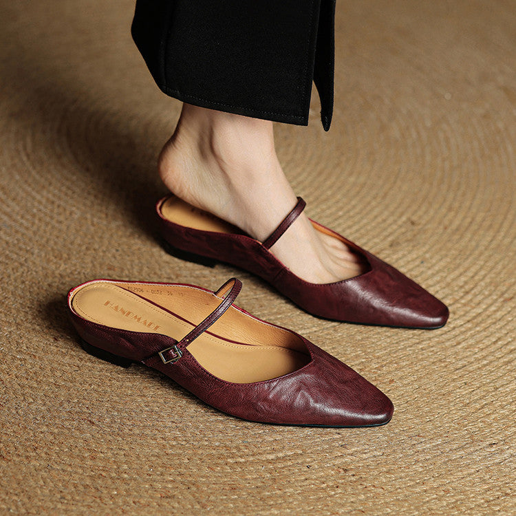 Siena | Handmade Pointed Toe Ankle Strap Orthopedic Flats in Leather