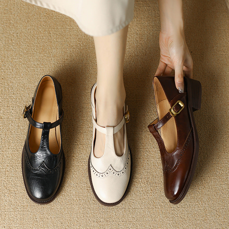 Cora | Brogue T-Bar Low Heel Mary Jane Flats
