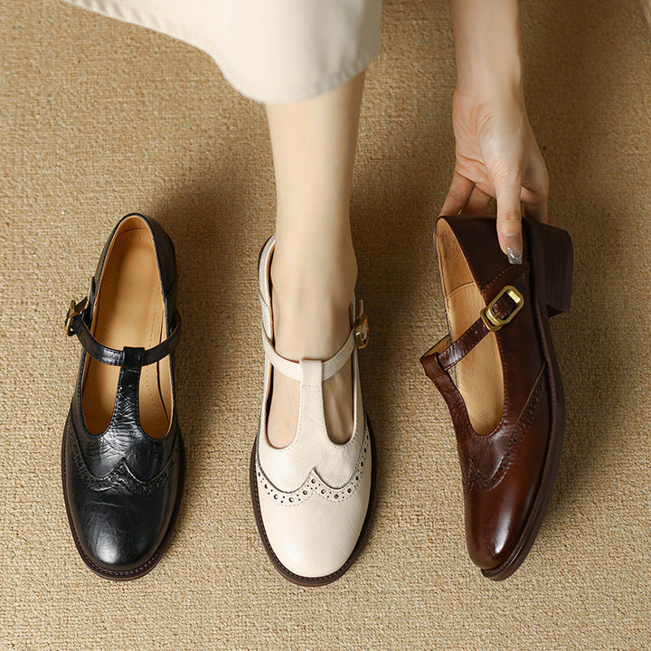 Cora | Brogue T-Bar Low Heel Mary Jane Flats