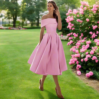 Camille | Pleated Bardot A-Line Off Shoulder Dress