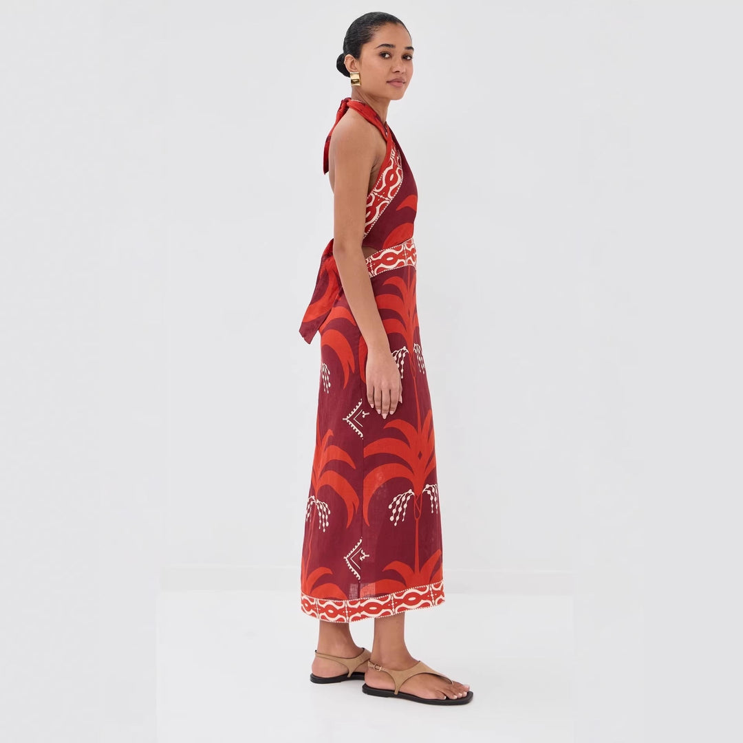 Kaimana | Tropical Print Cut Out Crossover Halter Boho Dress