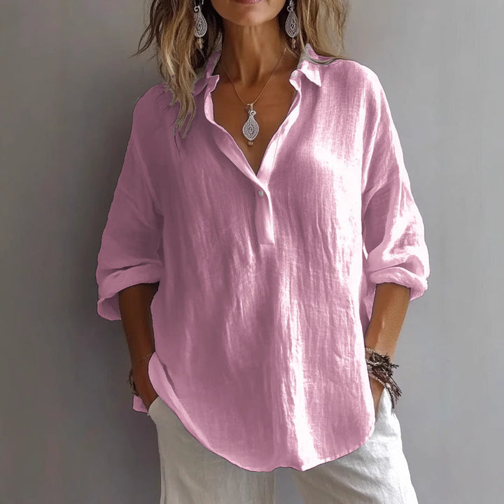 Aurore | Collared V-Neck Longline Linen Blouse
