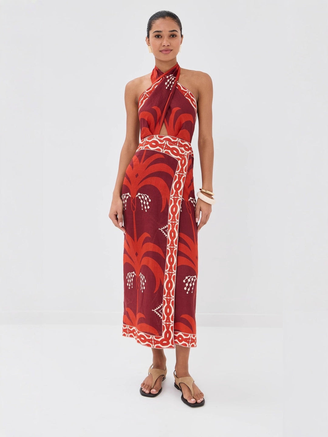 Kaimana | Tropical Print Cut Out Crossover Halter Boho Dress