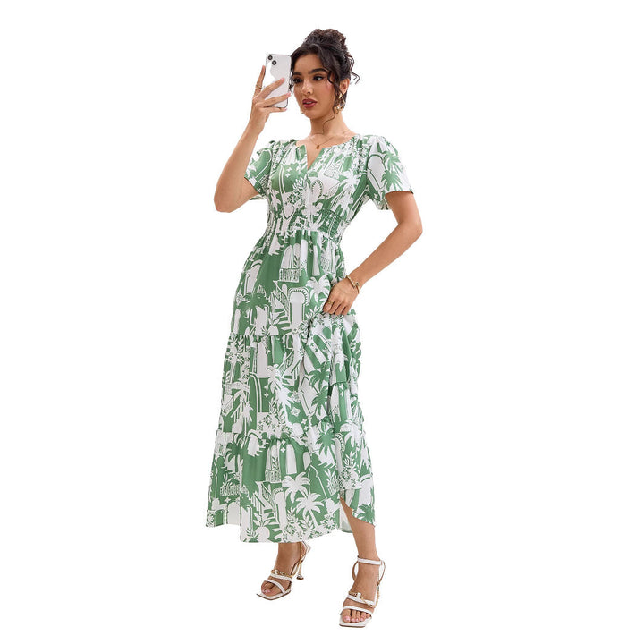 Riviera | Tropical Arch Print Smocked Waist Tiered Boho Dress