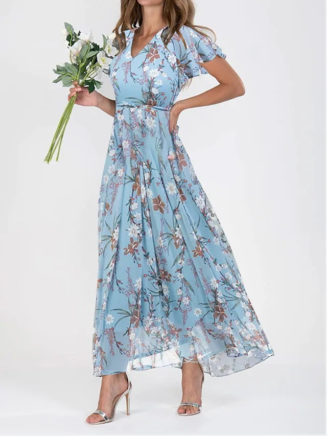 Florentine | Women's V-Neck Floral Maxi Dress with Ruffle Sleeve Detail