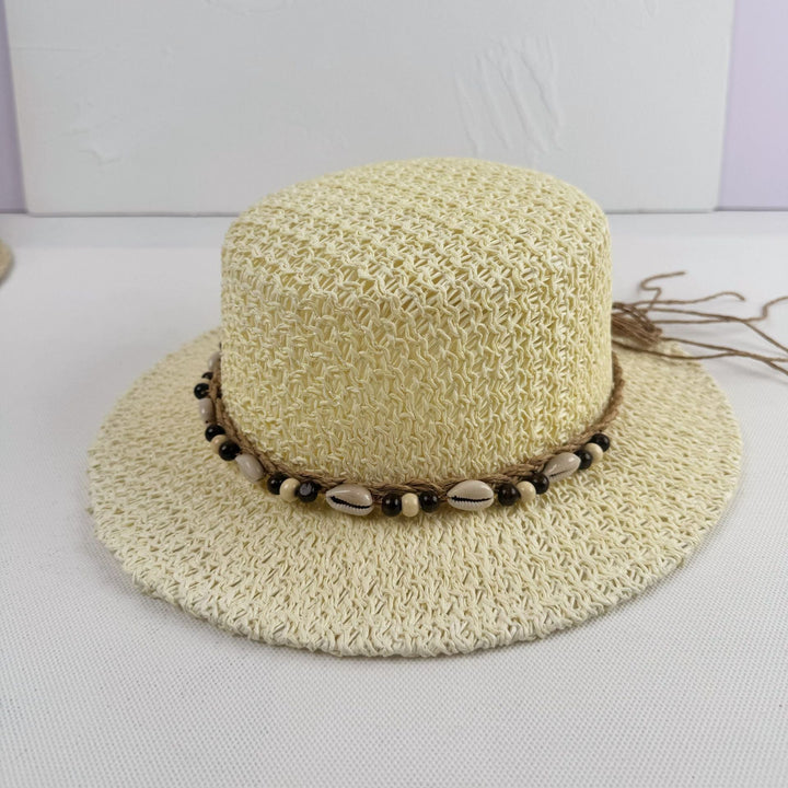 Theodora | Women's Wide Brim Crochet Hat with Shell Bead Trim and Fringe Detail
