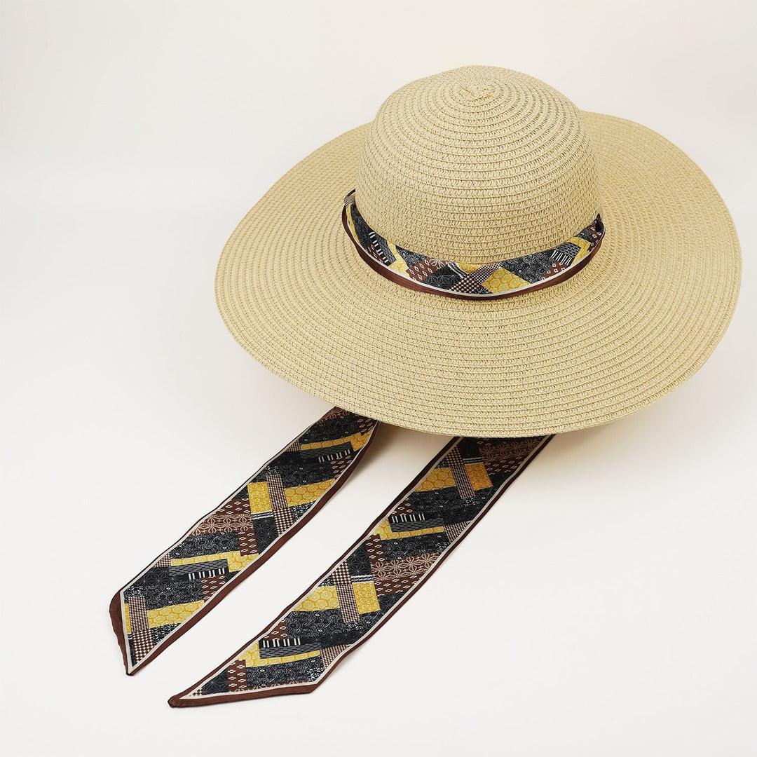 Rosalie | Women's Wide Brim Crochet Hat with Printed Scarf Tie Detail