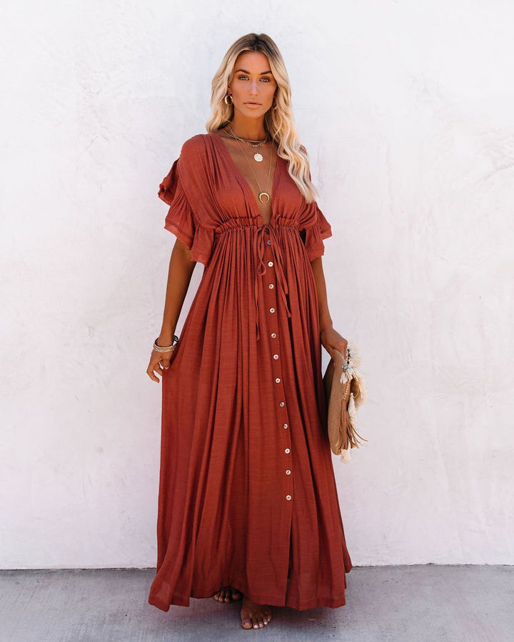Midnight | Deep V Button Front Flutter Sleeve Boho Dress with Tie Waist