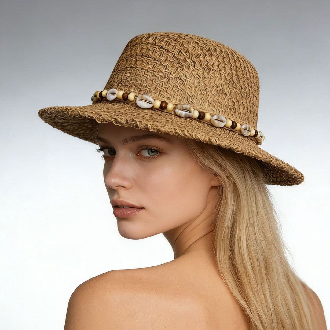 Theodora | Women's Wide Brim Crochet Hat with Shell Bead Trim and Fringe Detail