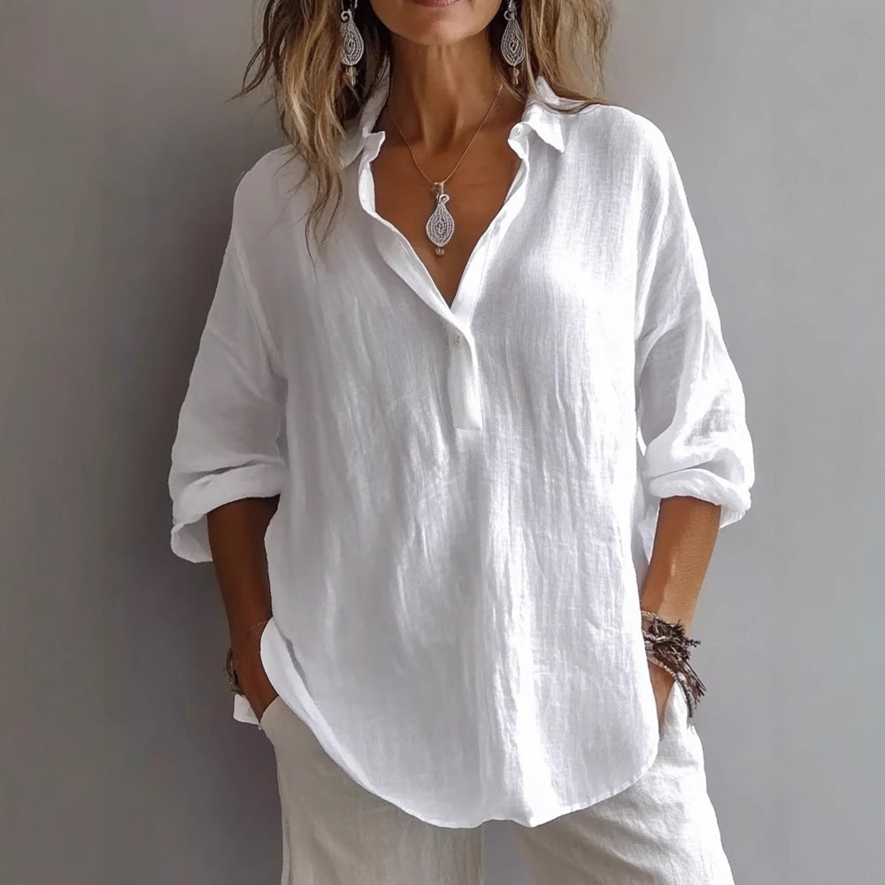 Aurore | Collared V-Neck Longline Linen Blouse