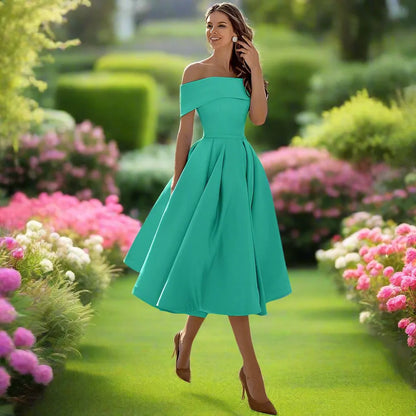 Camille | Pleated Bardot A-Line Off Shoulder Dress