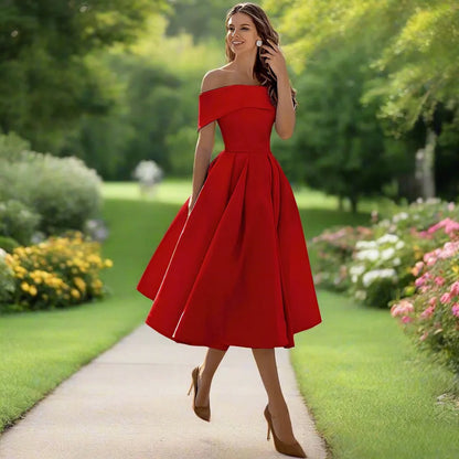 Camille | Pleated Bardot A-Line Off Shoulder Dress