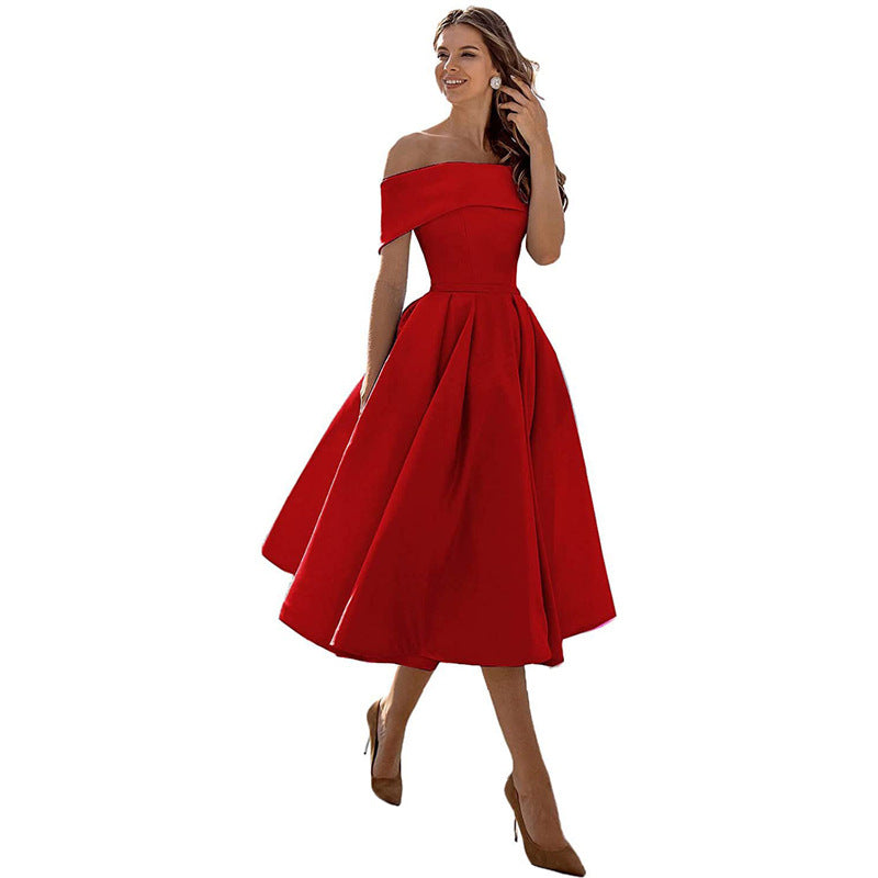 Audrey | Pleated Fold-Over Bardot Off Shoulder Dress