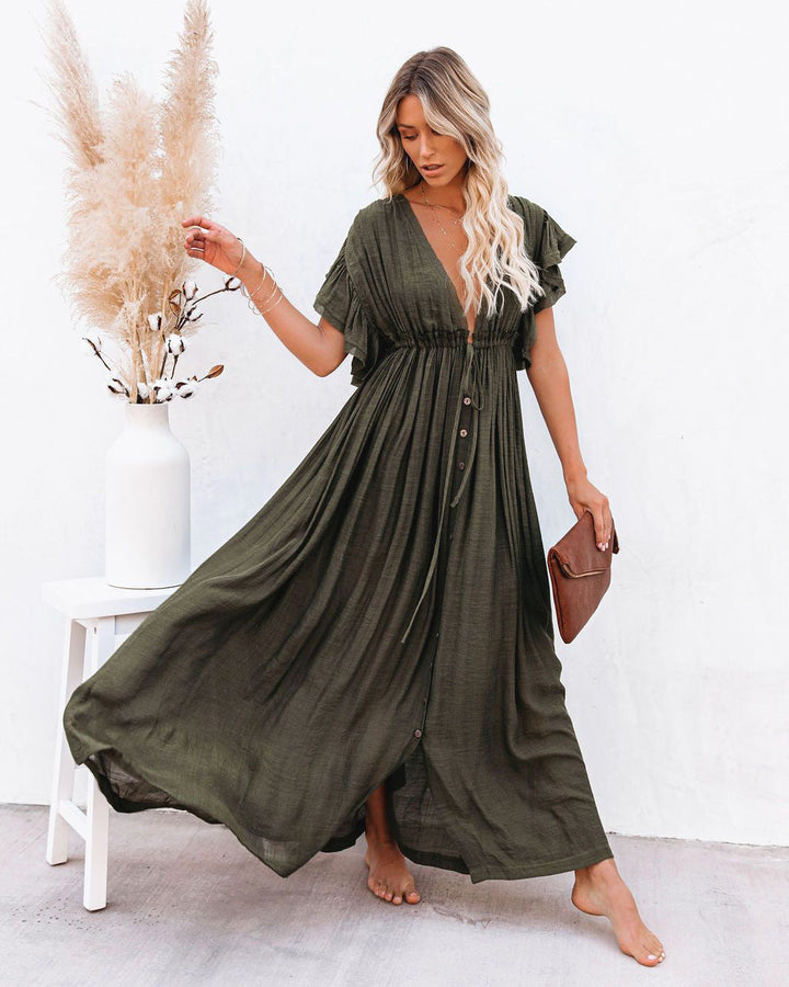 Midnight | Deep V Button Front Flutter Sleeve Boho Dress with Tie Waist