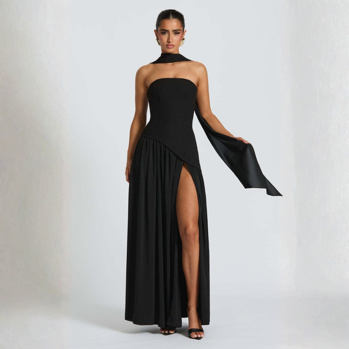 Odessa | Women's Strapless Maxi Dress with High Slit Detail