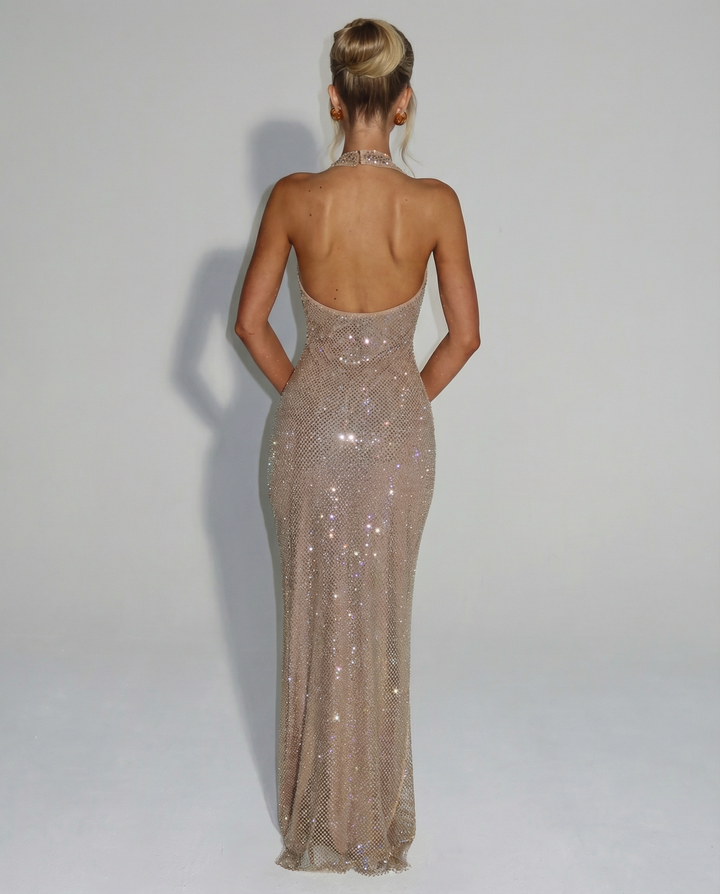 Stellara | Crystal Embellished Mesh Halter Neck Dress