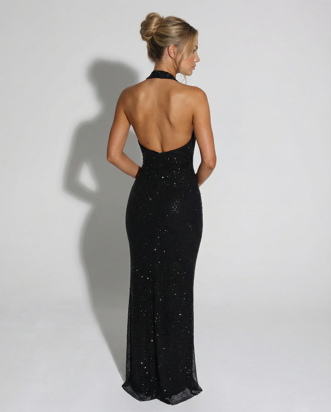 Stellara | Crystal Embellished Mesh Halter Neck Dress