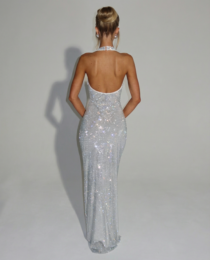 Stellara | Crystal Embellished Mesh Halter Neck Dress