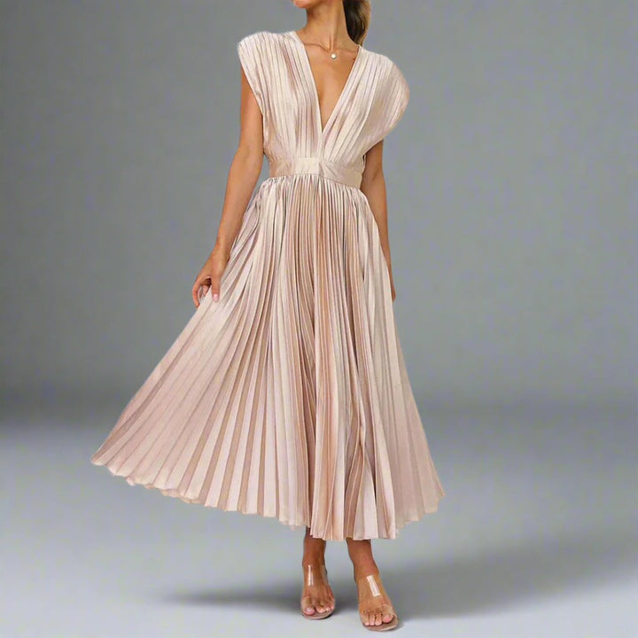 Vivienne | Deep V-Neck Womens Pleated Midi Dress with Padded Shoulders