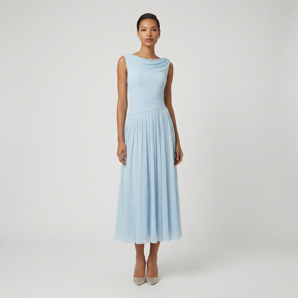Pleated Cowl Drape Sleeveless Midi Dress Chiffon 0