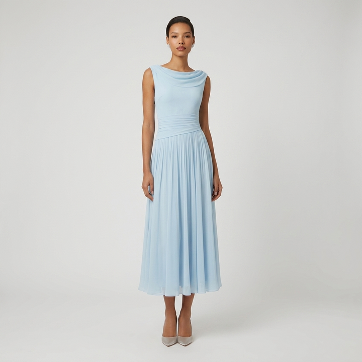 Pleated Cowl Drape Sleeveless Midi Dress Chiffon 0