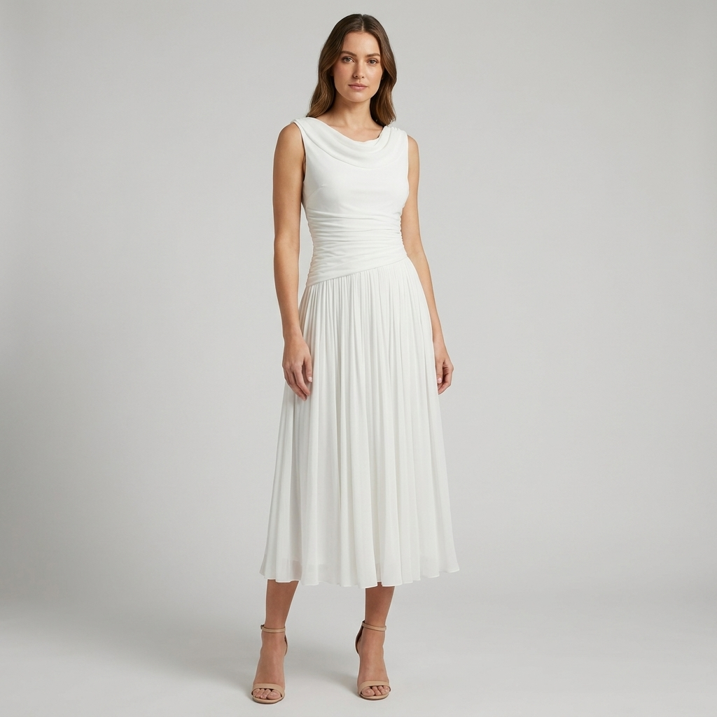 Pleated Cowl Drape Sleeveless Midi Dress Chiffon 1