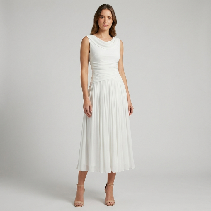 Pleated Cowl Drape Sleeveless Midi Dress Chiffon 1