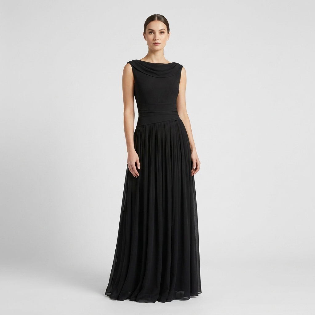 Pleated Cowl Drape Sleeveless Midi Dress Chiffon 2