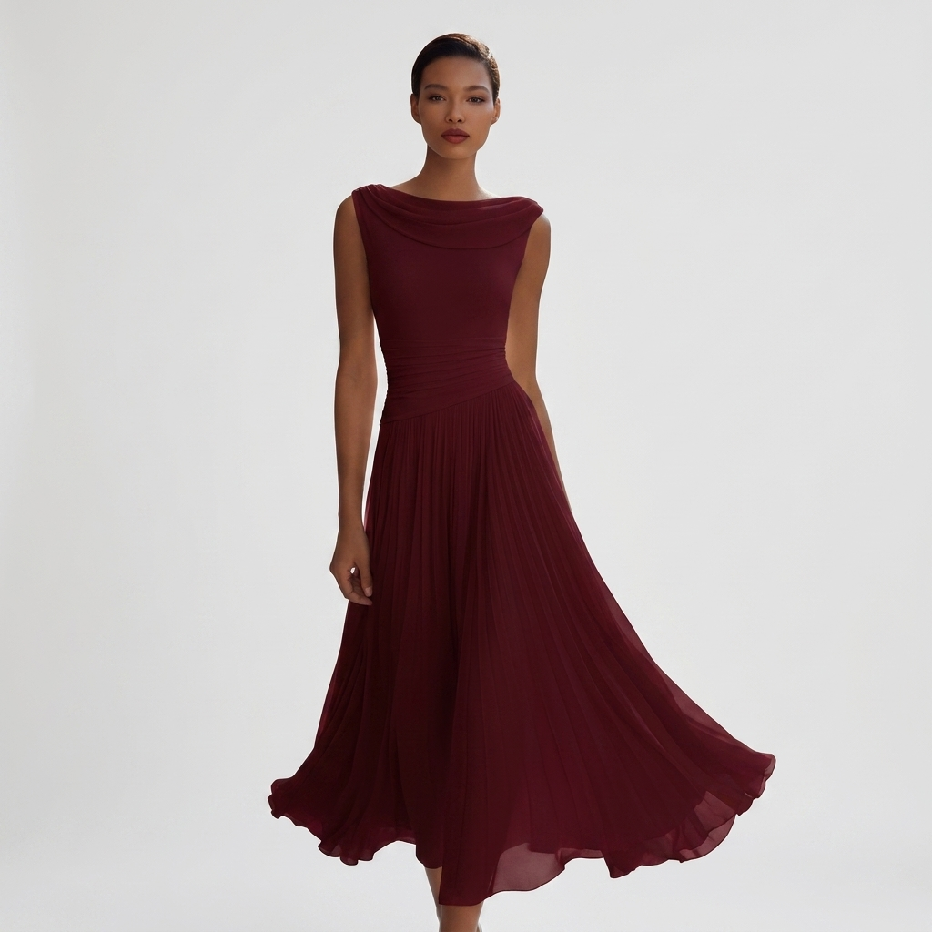 Pleated Cowl Drape Sleeveless Midi Dress Chiffon 3