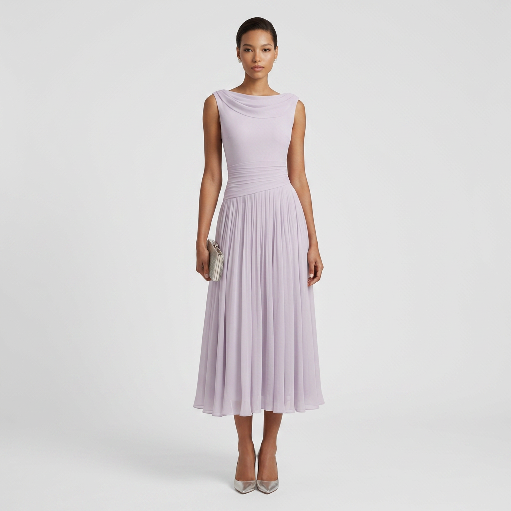 Pleated Cowl Drape Sleeveless Midi Dress Chiffon 4