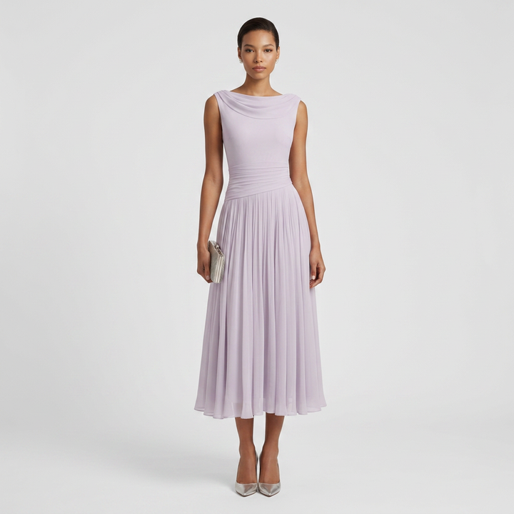 Pleated Cowl Drape Sleeveless Midi Dress Chiffon 4