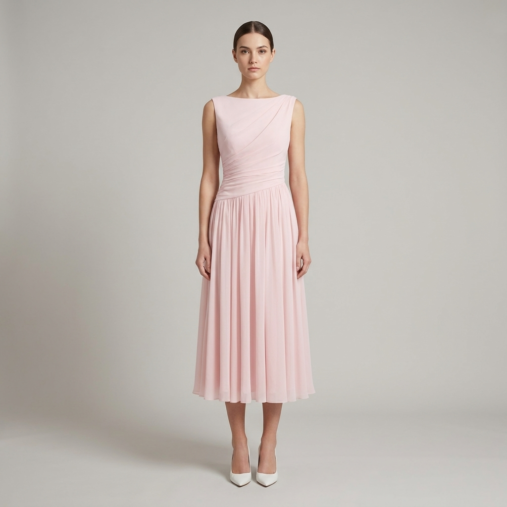 Pleated Cowl Drape Sleeveless Midi Dress Chiffon 5