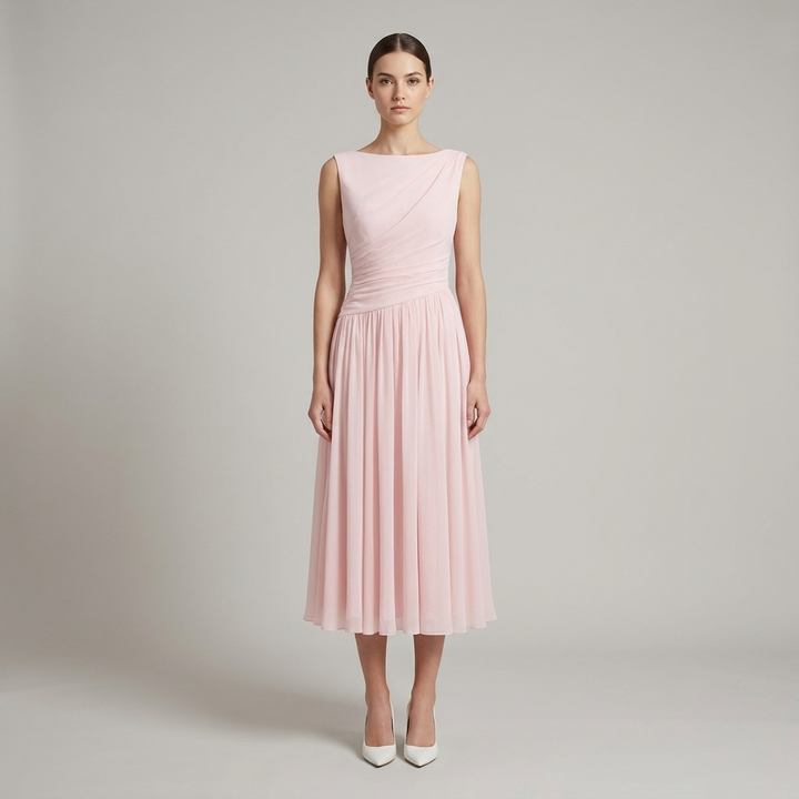 Pleated Cowl Drape Sleeveless Midi Dress Chiffon 5
