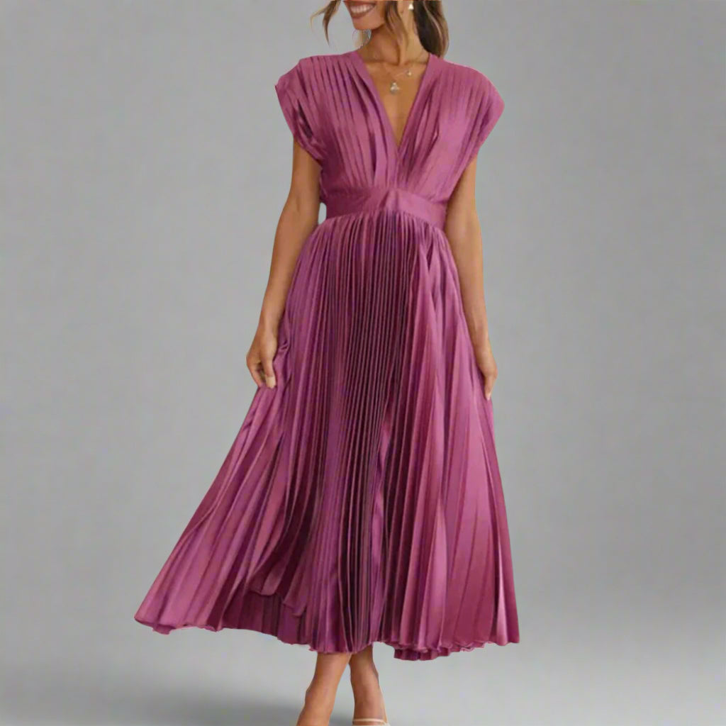 Vivienne | Deep V-Neck Womens Pleated Midi Dress with Padded Shoulders