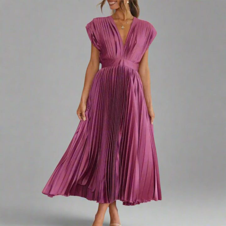 Vivienne | Deep V-Neck Womens Pleated Midi Dress with Padded Shoulders