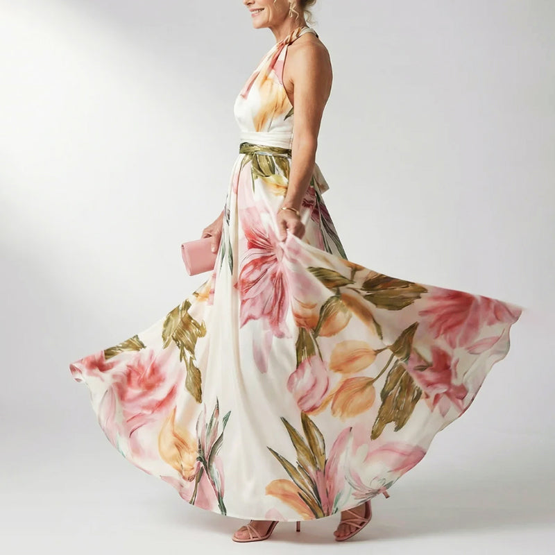 Bellamy | Tropical Floral Crossover Halter Neck Dress