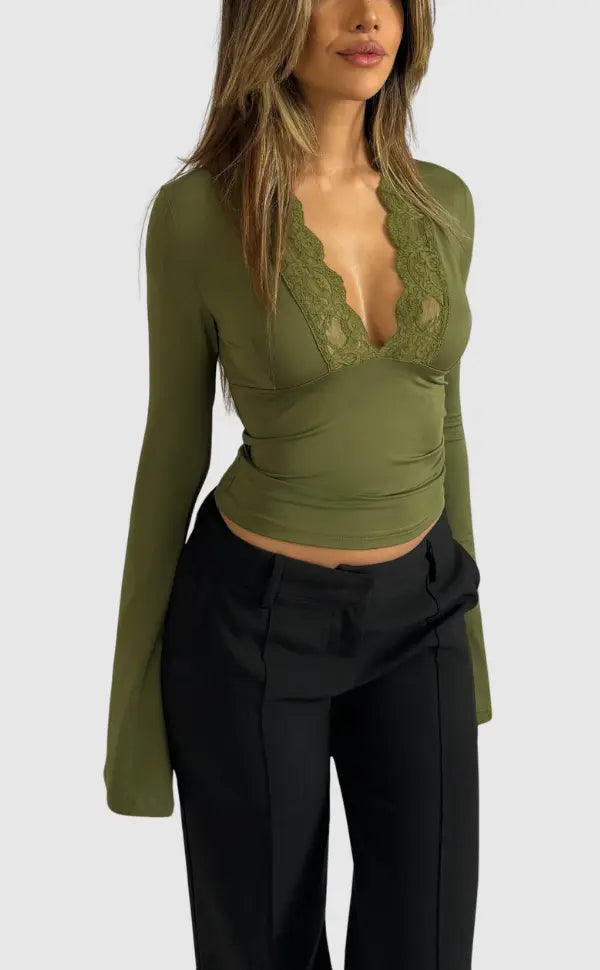 Isadora | Women's Long Sleeve Lace Trim Top with Deep V-Neckline