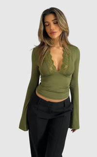 Isolde | Women's Lace Trim Top with Deep V-Neck Detail
