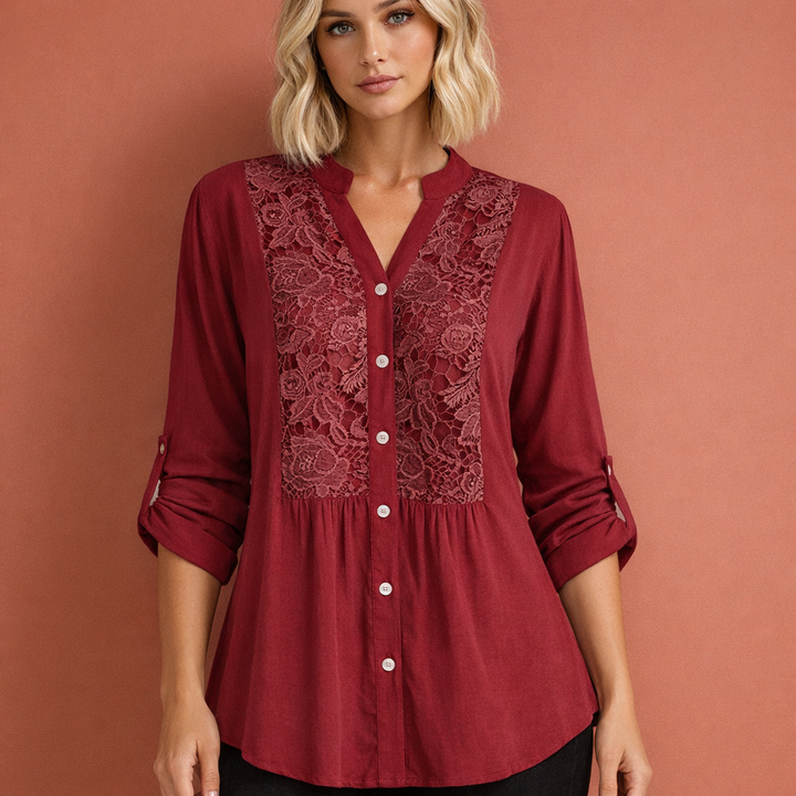 Celeste | Lace Bib Front Button-Up Tunic Blouse