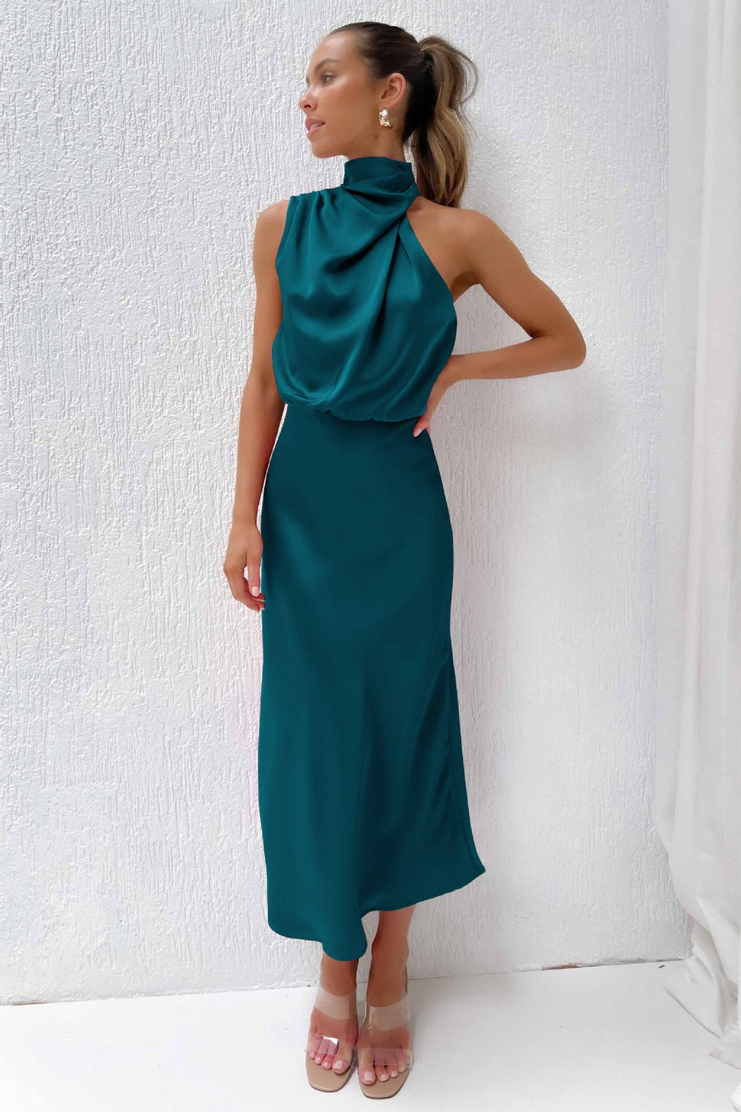 Sienna | Draped Twist Blouson Halter Neck Maxi Dress in Satin
