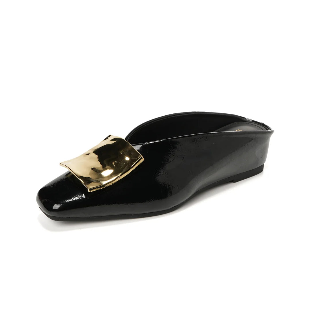 Margaux | Square Toe Gold Hardware Mule Orthopedic Flats in Leather