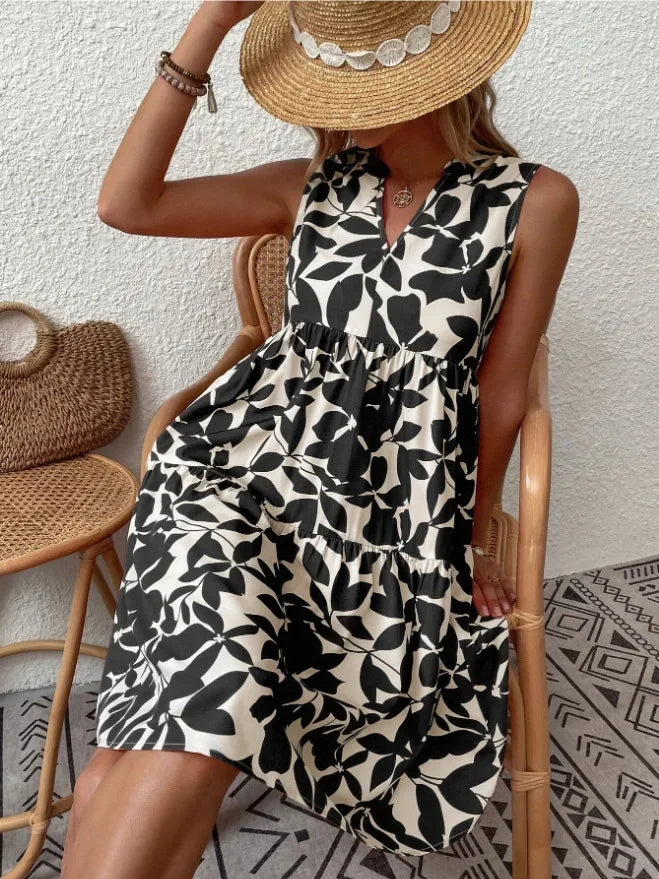 Josette | Women's V-Neck Tiered Summer Dress with Botanical Print