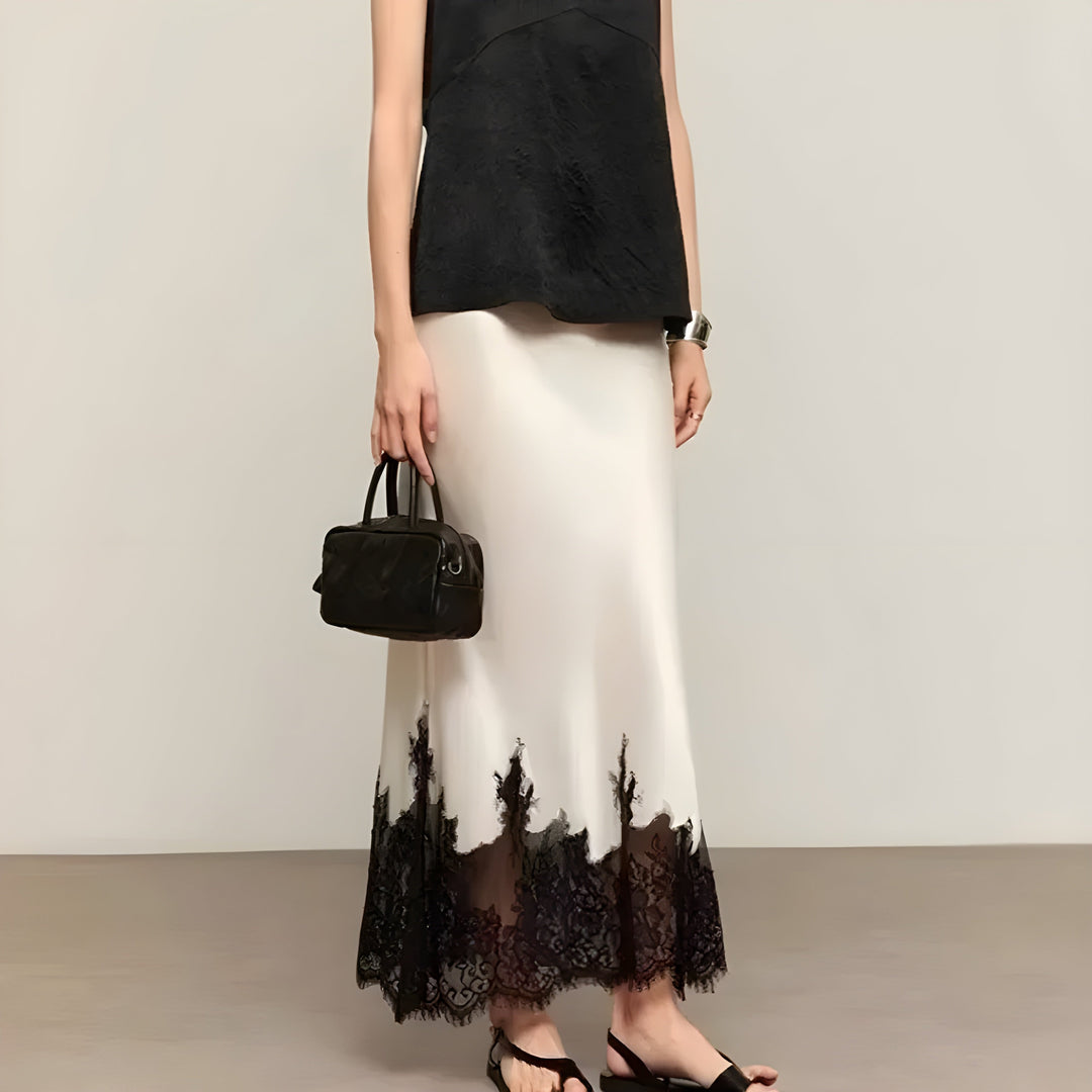Ophelia | Women's Satin Lace Trim Maxi Skirt
