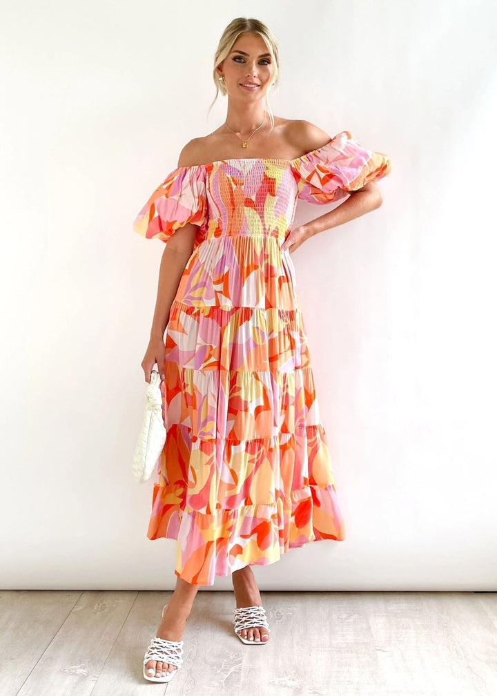 Ophelia | Abstract Floral Smocked Puff Sleeve Off Shoulder Dress