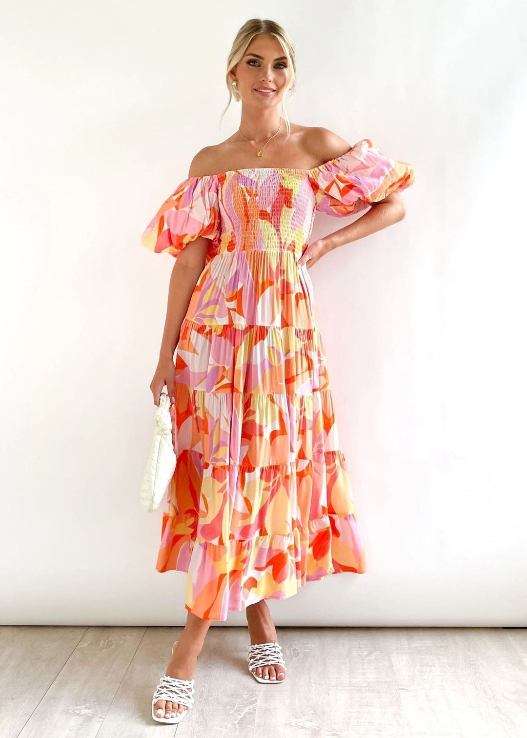 Ophelia | Abstract Floral Smocked Puff Sleeve Off Shoulder Dress