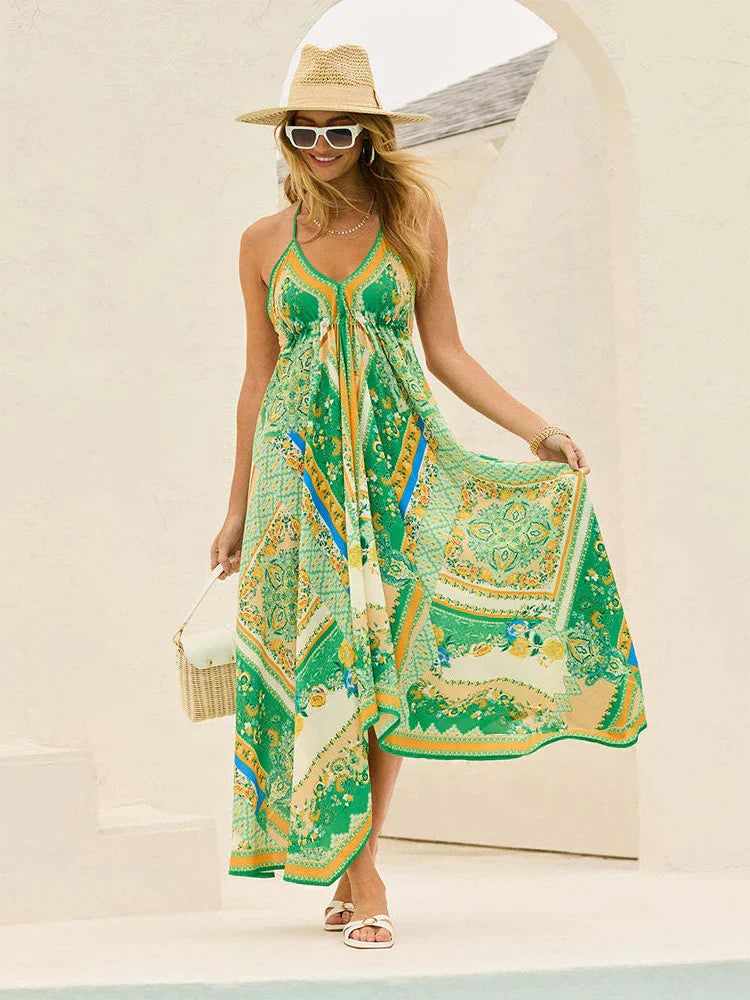 Sorrento | Paisley Crochet Trim V-Neck Halter Neck Maxi Dress